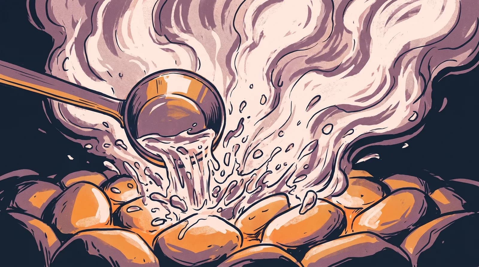 Illustration: ein hölzerner Schöpfer gießt Wasser auf die glühenden Saunasteine, dichter Dampf steigt auf