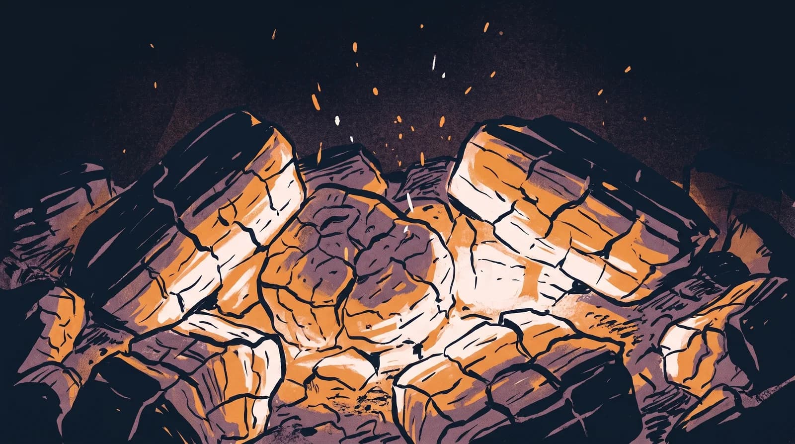 Illustration: glühende Holzkohlen mit orangefarbenem Schein und Funken vor schwarzem Hintergrund