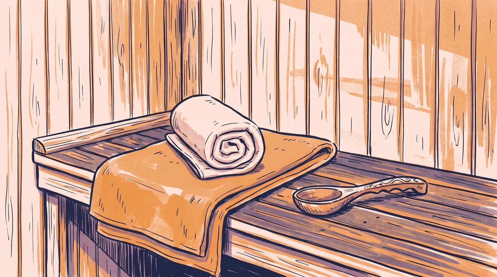 Illustration: zusammengerolltes Handtuch und hölzerne Kelle auf einer sonnendurchfluteten Saunabank vor Holzverkleidung