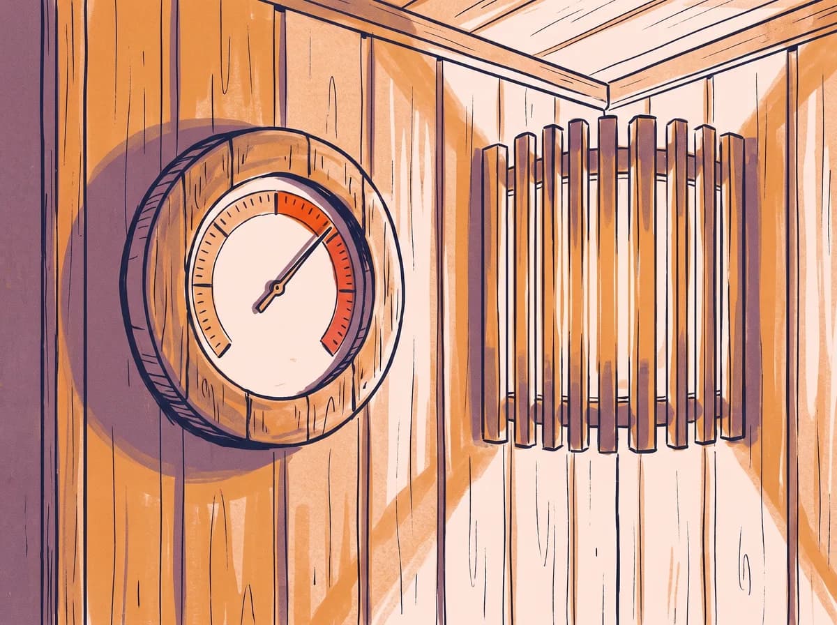 Illustration: analoges rundes Thermometer mit rotem Hochtemperatur-Bereich an der Holzwand einer Sauna, daneben ein hölzernes Ofengitter