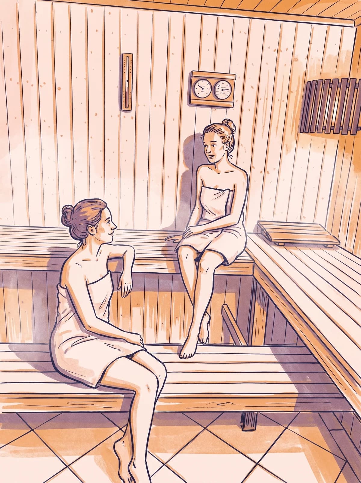 Illustration: zwei in Handtücher gewickelte Frauen sitzen entspannt auf den Bänken der Saunakabine