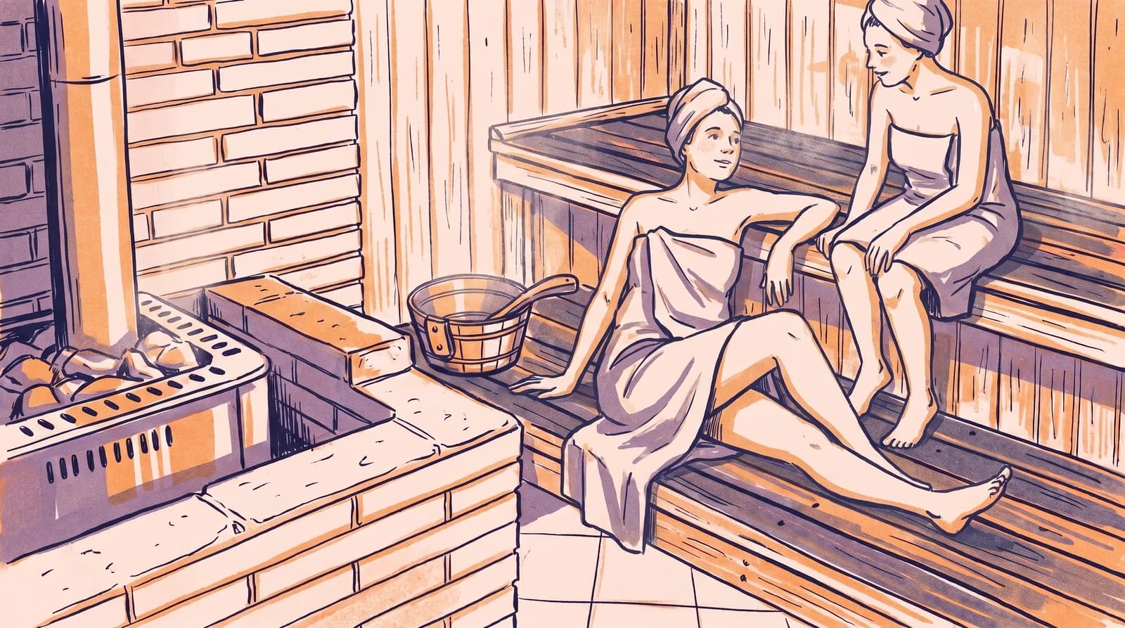 Illustration: zwei Frauen sitzen in Handtücher gewickelt auf den Bänken der Saunakabine und unterhalten sich