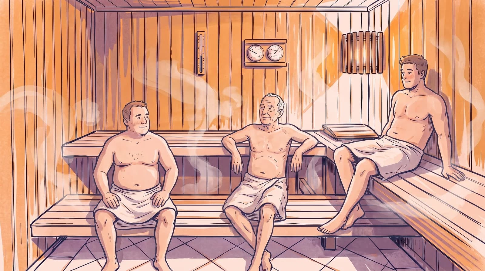 Illustration: drei Männer unterschiedlichen Alters, Handtücher um die Hüften, sitzen entspannt zusammen auf den Bänken der Saunakabine