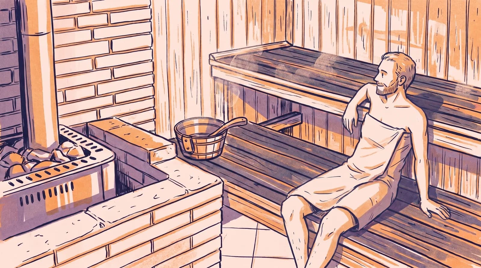Illustration: ein Mann sitzt allein, ein Handtuch um die Hüfte, entspannt auf der Saunabank, daneben der gemauerte Steinofen mit Steinen