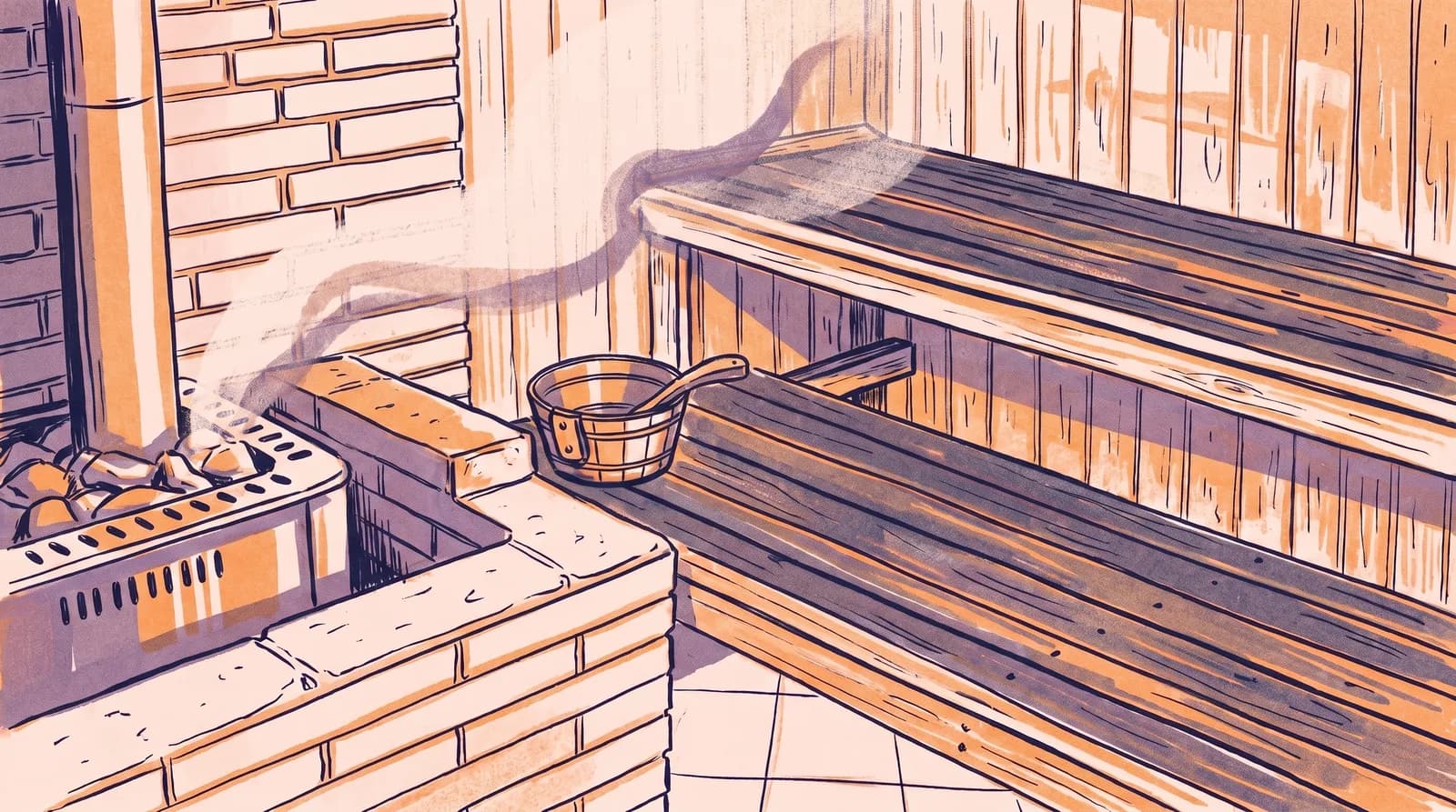 Illustration: Saunaofen mit aufsteigendem Dampf beim Aufguss, ein hölzerner Eimer und Schöpfer auf der Bank, im Hintergrund Bänke und Holzverkleidung