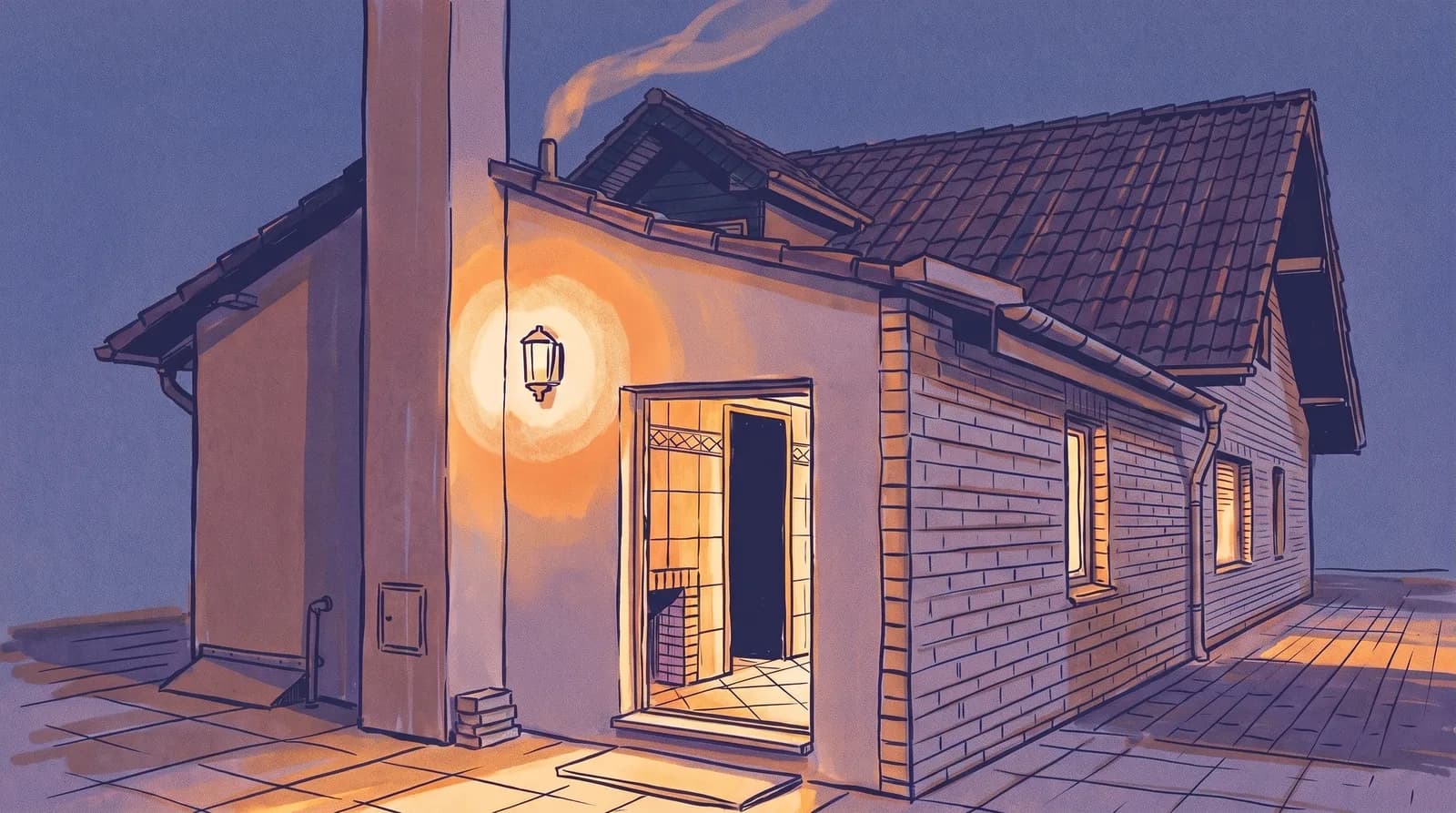 Illustration: Backsteinhaus mit Satteldach in der Abenddämmerung, rauchender Schornstein, die geöffnete Haustür warm beleuchtet mit Blick auf den gefliesten Eingangsbereich