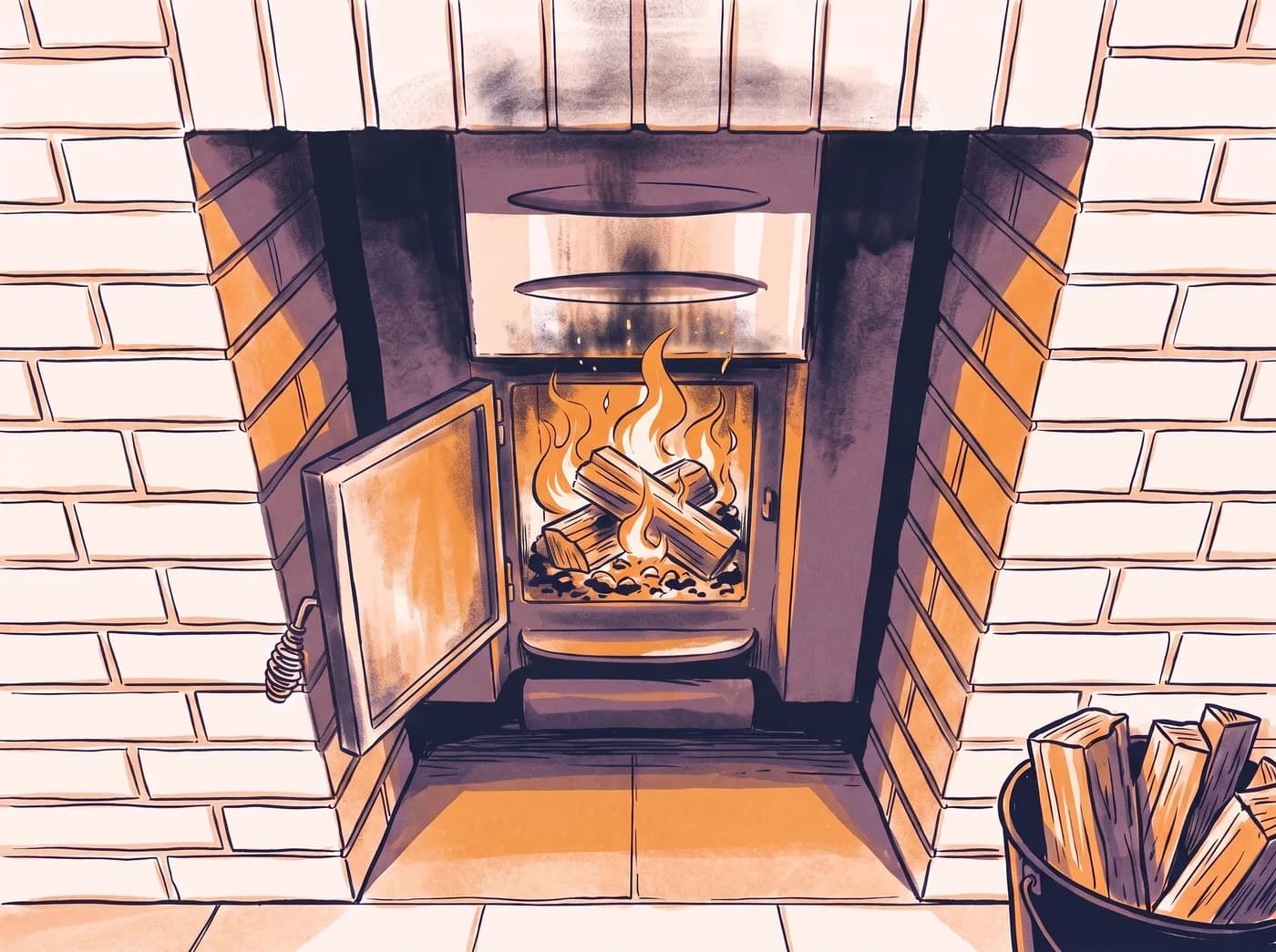 Illustration: offene Feuerbox eines Holzofens mit Flammen und einem Korb Feuerholz daneben