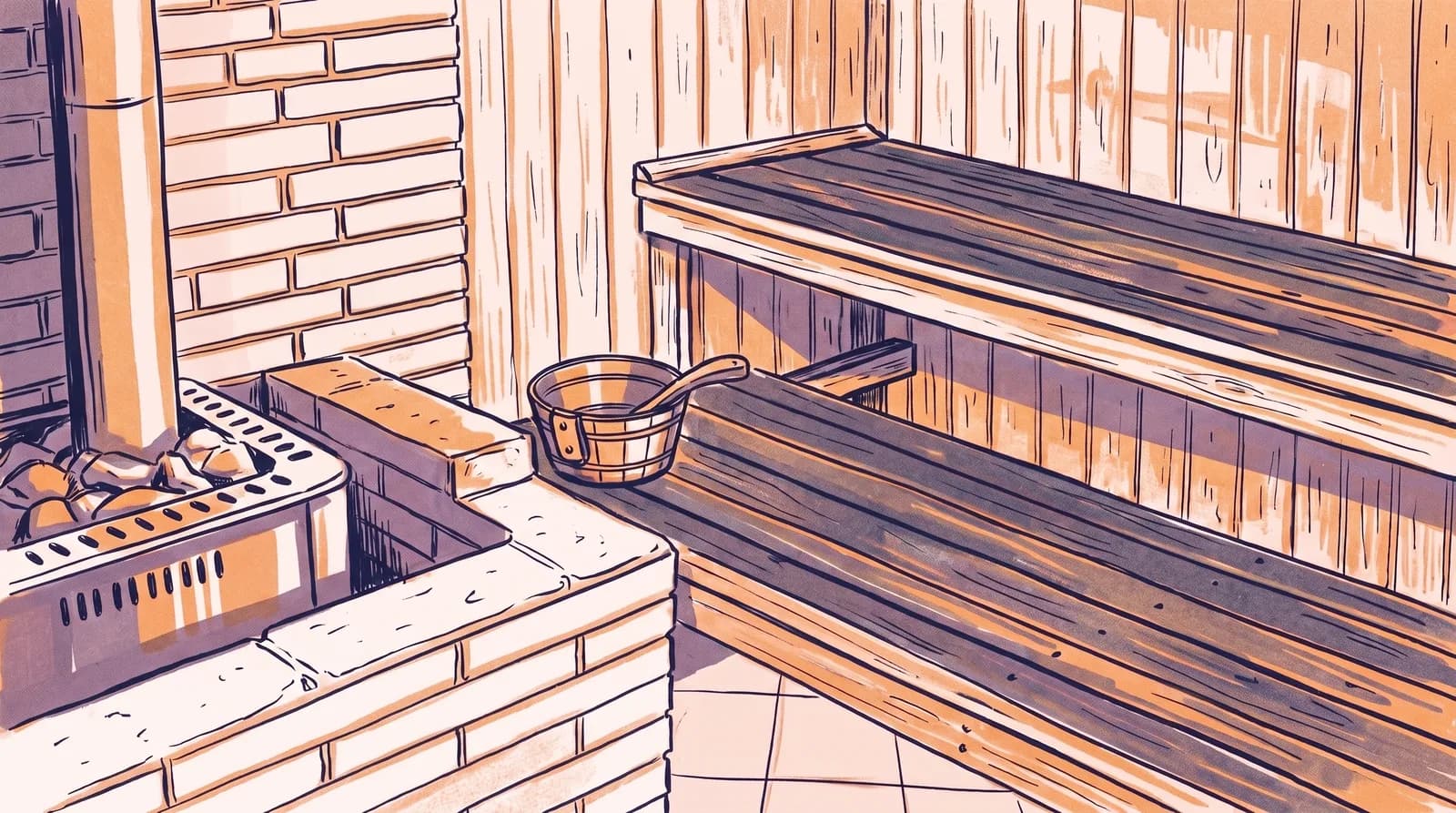 Illustration: die Saunakabine im kalten Zustand mit Backsteinofen, sichtbaren Saunasteinen, Holzverkleidung und Bänken sowie einem Aufguss-Eimer mit Schöpfer im Vordergrund