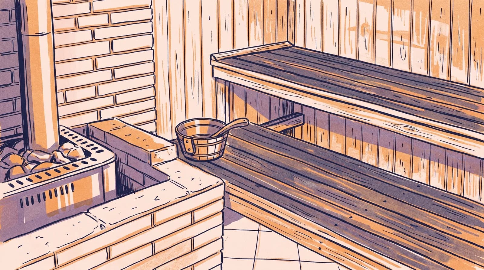 Illustration: Saunaraum mit gemauertem Ofen, sichtbaren Steinen, Holzverkleidung, gestuften Bänken, Kelle und Kübel