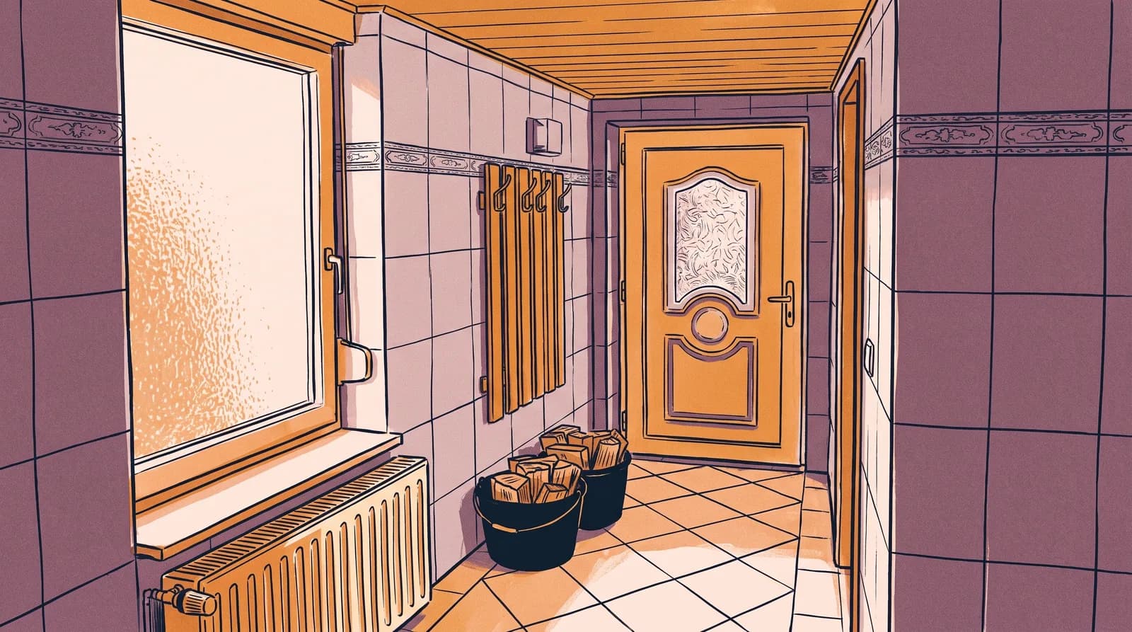 Illustration: gefliester Vorraum mit Kleiderhaken, Milchglasfenster und Feuerholzkübeln neben der Holztür