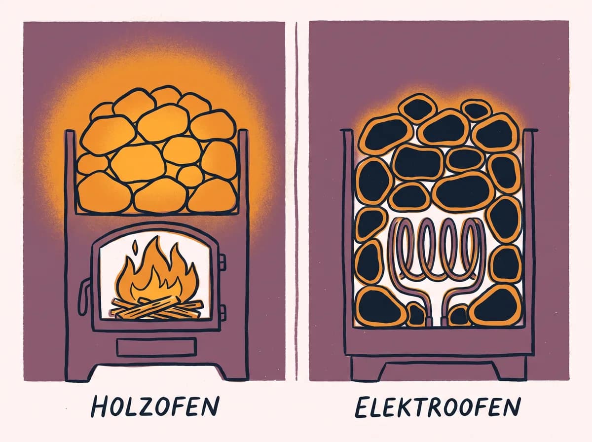 Schematischer Querschnitt zweier Saunaöfen: beim Holzofen sind die Steine vollständig durchgewärmt, beim Elektroofen nur an der Oberfläche