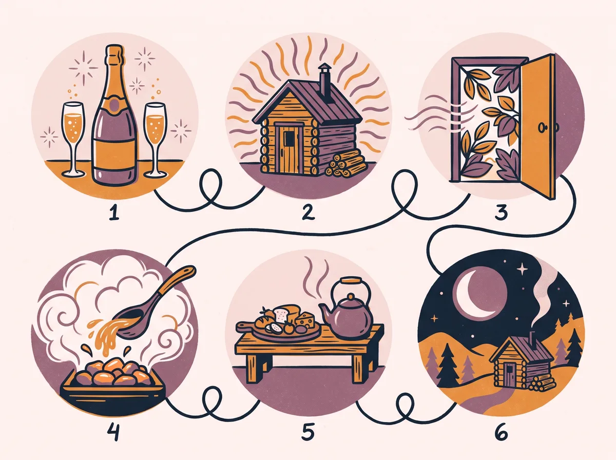 Illustrierter Ablauf eines Sauna-Abends in sechs Schritten: Ankommen, erste Runde, Pause an der frischen Luft, Aufguss, Ruhephase, Ausklang am Abend